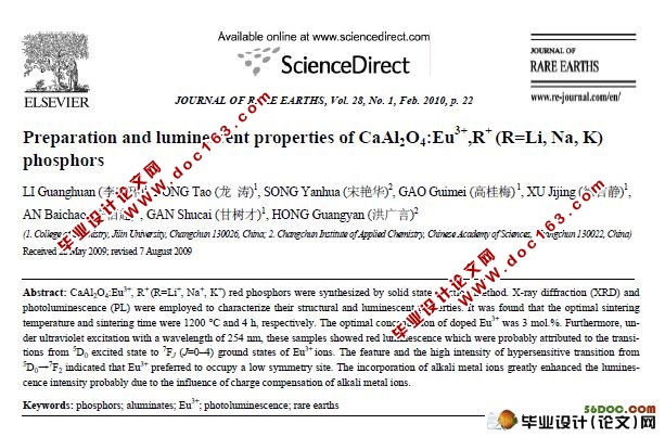 CaAl2O4:Eu3+,R+ (R=Li, Na, K)ӫ۵ķܼƱ