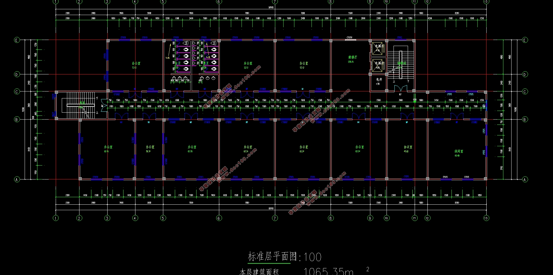 五层6392平米金融港办公楼框架结构设计(建筑图结构图)